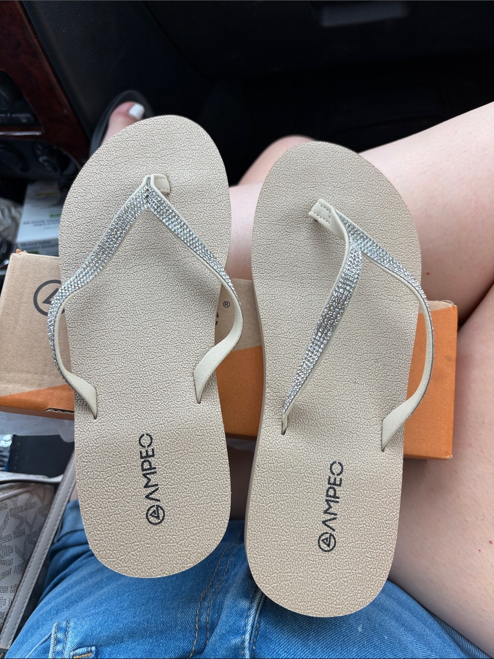 Women's Beige Rhinestone Flip Flop Sandals